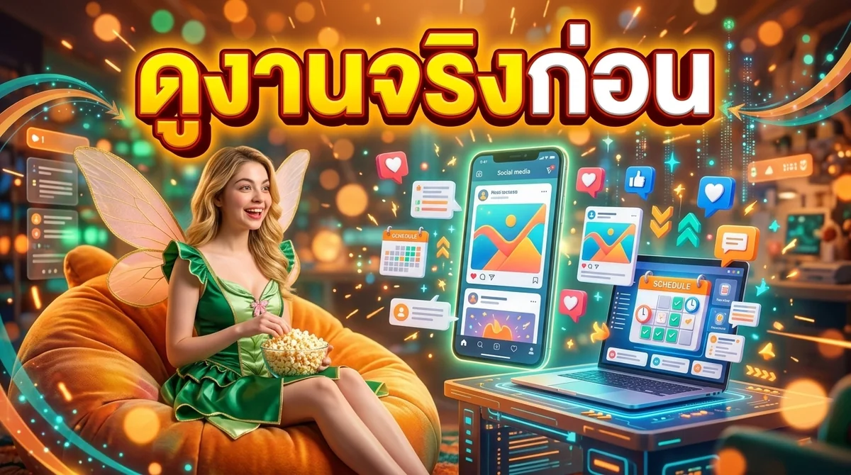 น้องอีซี่นั่งดูหน้าจอมือถือและแล็ปท็อปที่มีโพสต์ของเพจขึ้นมา