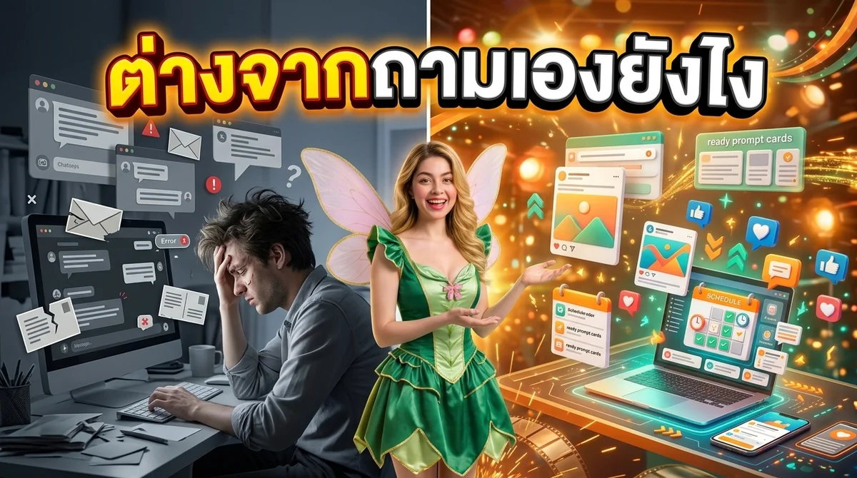 ภาพเทียบแชตที่สับสนกับแชตที่มีคำสั่งพร้อมใช้ โดยมีน้องอีซี่ยืนตรงกลาง
