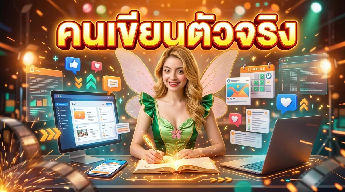 น้องอีซี่นั่งทำงานที่โต๊ะ มีแล็ปท็อปเปิดหน้ารายการร่างโพสต์